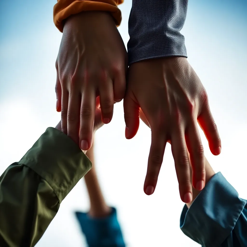 Close-up of hands holding each other, symbolizing collaboration and support, used as background image for Penelitian div